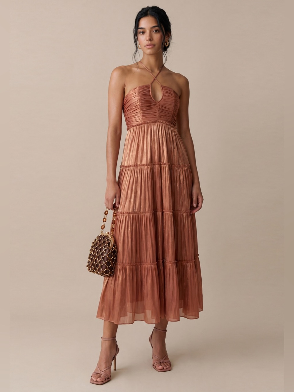 Few Moda o.p.t. East Dress Rust Halter-Tie Tiered Midi Dress